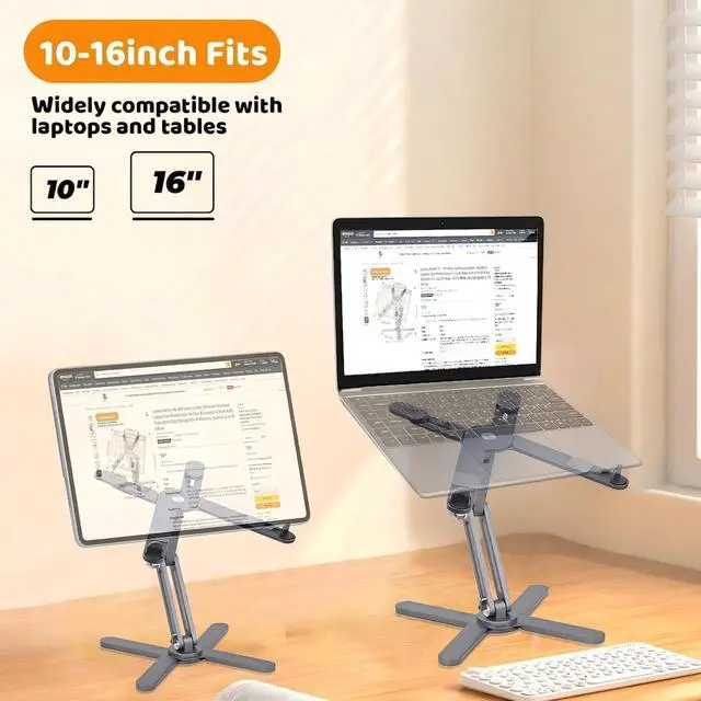 Alt view image 6 of 7 - Laptop Stand with 360 Rotating Base, Computer Notebook Laptop Riser Metal Holder for Desk Collaborative Work, Fully Foldable for Easy Storage, Fits All MacBook, Laptops up to 16 inches, Grey