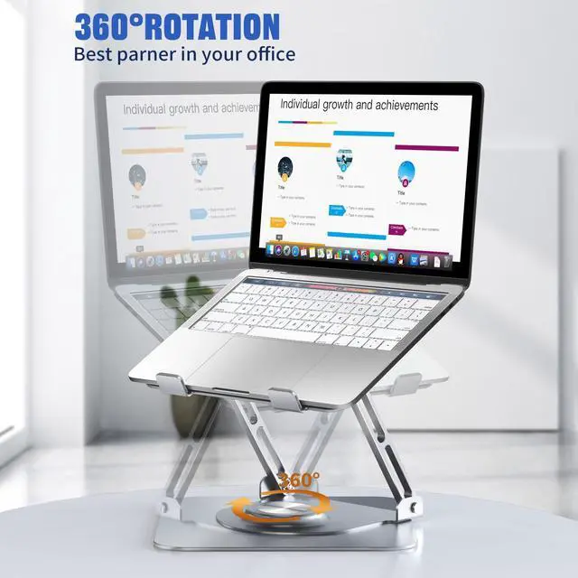 Alt view image 2 of 6 - Laptop Stand for Desk, Adjustable Computer Stand with 360° Rotating Base, Ergonomic Laptop Riser for Collaborative Work, Foldable & Portable Laptop Stand, fits for All 10-16" Laptops (Sliver)