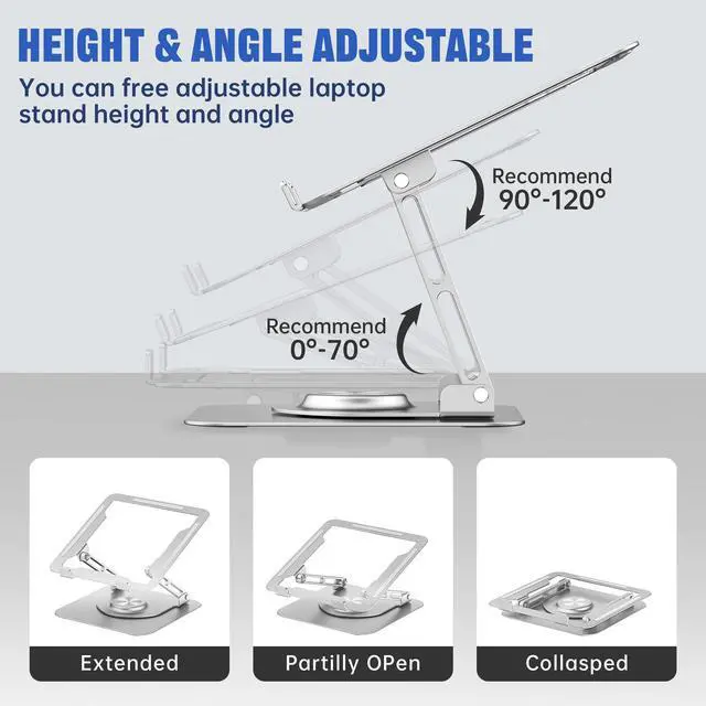 Alt view image 4 of 6 - Laptop Stand for Desk, Adjustable Computer Stand with 360° Rotating Base, Ergonomic Laptop Riser for Collaborative Work, Foldable & Portable Laptop Stand, fits for All 10-16" Laptops (Sliver)