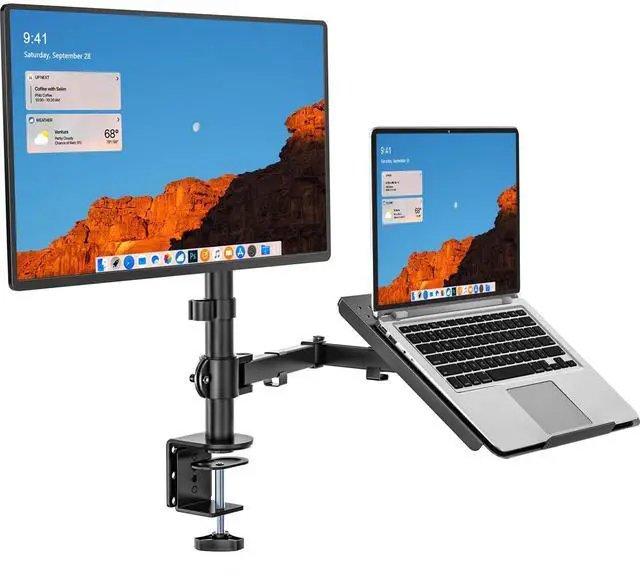 Main image of Dual Arm Laptop and Monitor Desk Mount for 17" Notebook and Up to 27" Screen, Fully Adjustable Monitor Arm with Laptop Tray, VESA 75x75 100x100, Holds up to 22 lbs, Black (M001LP)