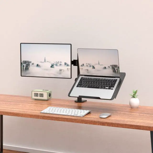 Alt view image 2 of 7 - Dual Arm Laptop and Monitor Desk Mount for 17" Notebook and Up to 27" Screen, Fully Adjustable Monitor Arm with Laptop Tray, VESA 75x75 100x100, Holds up to 22 lbs, Black (M001LP)