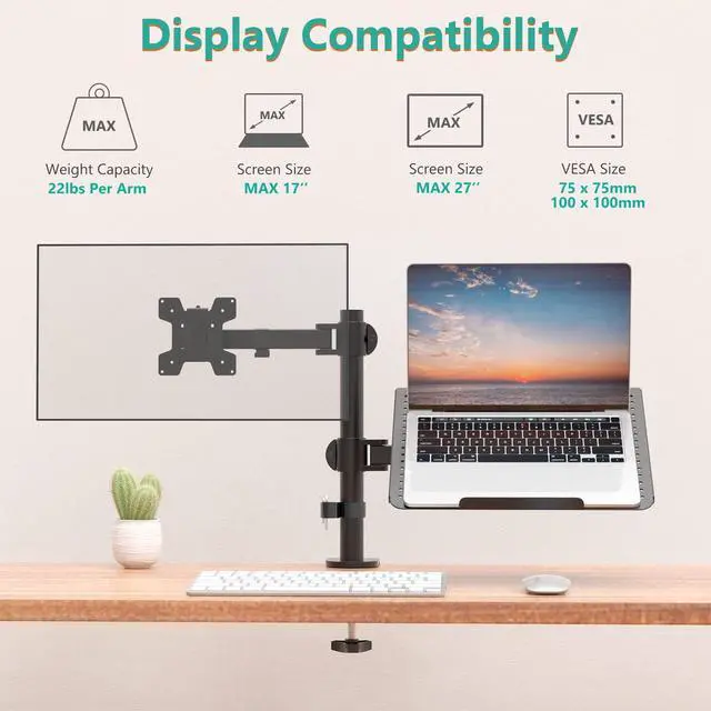Alt view image 3 of 7 - Dual Arm Laptop and Monitor Desk Mount for 17" Notebook and Up to 27" Screen, Fully Adjustable Monitor Arm with Laptop Tray, VESA 75x75 100x100, Holds up to 22 lbs, Black (M001LP)