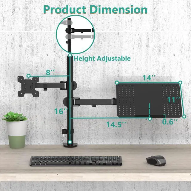 Alt view image 5 of 7 - Dual Arm Laptop and Monitor Desk Mount for 17" Notebook and Up to 27" Screen, Fully Adjustable Monitor Arm with Laptop Tray, VESA 75x75 100x100, Holds up to 22 lbs, Black (M001LP)