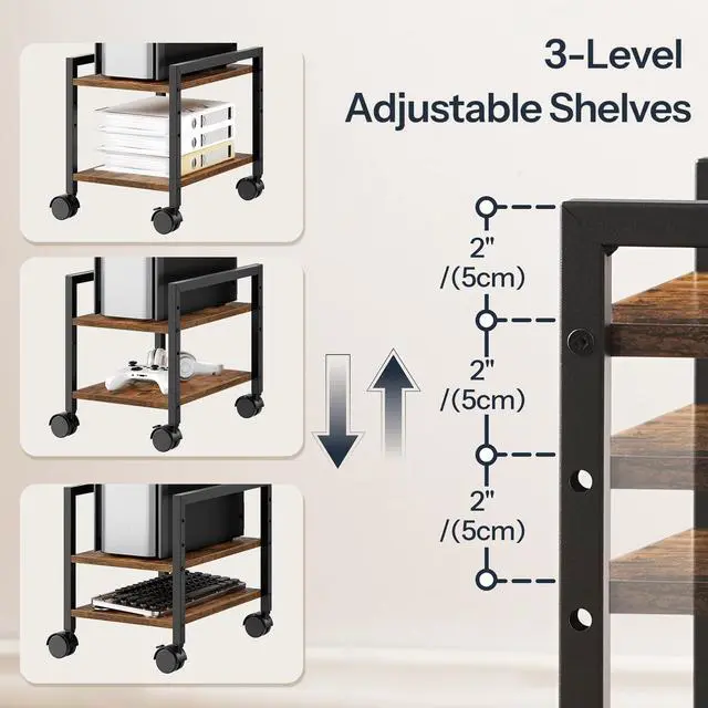 Alt view image 4 of 7 - PC Stand, 2-Tier PC Tower Stand Fits Most Computer Towers, CPU Holder for Floor, Height Adjustable, CPU Stand with Wheels Under Desk, for Home Office, Rustic Brown and Black BF11CJ01