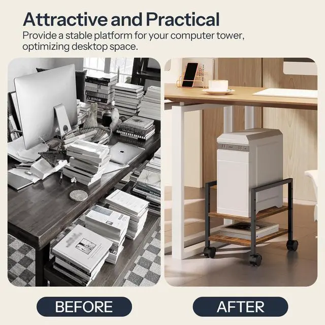 Alt view image 6 of 7 - PC Stand, 2-Tier PC Tower Stand Fits Most Computer Towers, CPU Holder for Floor, Height Adjustable, CPU Stand with Wheels Under Desk, for Home Office, Rustic Brown and Black BF11CJ01