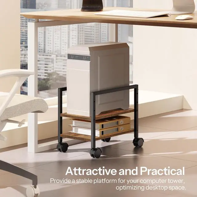 Alt view image 2 of 7 - PC Stand, 2-Tier PC Tower Stand Fits Most Computer Towers, CPU Holder for Floor, Height Adjustable, CPU Stand with Wheels Under Desk, for Home Office, Rustic Brown and Black BF11CJ01