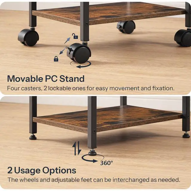 Alt view image 5 of 7 - PC Stand, 2-Tier PC Tower Stand Fits Most Computer Towers, CPU Holder for Floor, Height Adjustable, CPU Stand with Wheels Under Desk, for Home Office, Rustic Brown and Black BF11CJ01