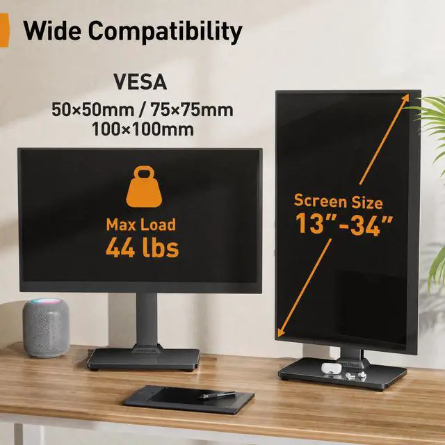 Alt view image 2 of 7 - Monitor Stand, Freestanding Monitor Mount for 13-34 inch Screens with 360 Degree Rotation, 5 Height Settings, Adjustable Desk Riser with Swivel and Tilt, Max VESA 100x100mm, PGTVS29