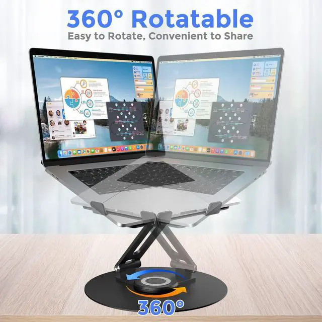 Alt view image 2 of 7 - Swivel Laptop Stand for Desk, Adjustable Height Aluminum Computer Stand with 360 Rotating Base, Foldable Ergonomic Riser, Portable Laptop Holder Compatible with MacBook, All Laptops 10-17'', Black