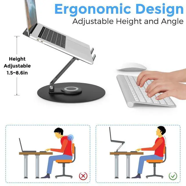 Alt view image 6 of 7 - Swivel Laptop Stand for Desk, Adjustable Height Aluminum Computer Stand with 360 Rotating Base, Foldable Ergonomic Riser, Portable Laptop Holder Compatible with MacBook, All Laptops 10-17'', Black
