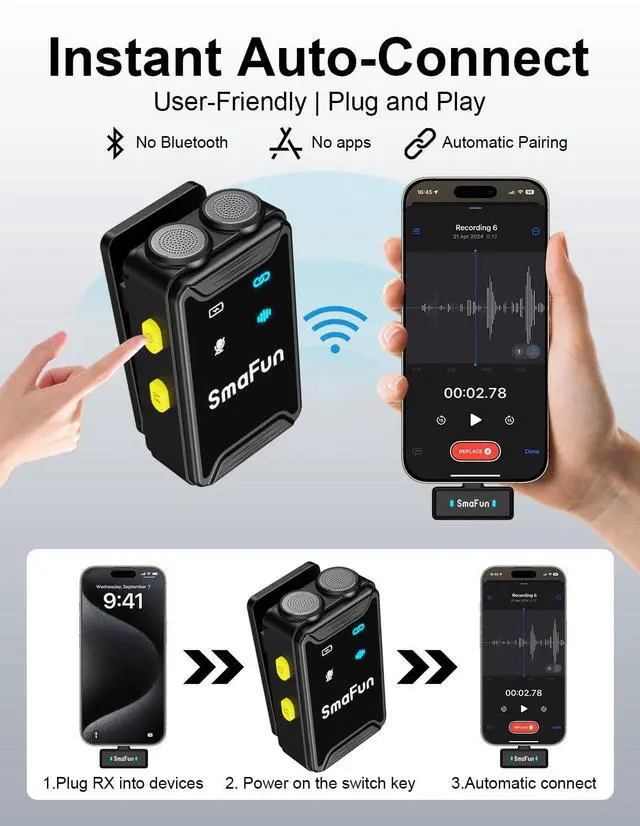Alt view image 5 of 7 - Mini Microphone for iPhone/Android(2TX+2RX+Charging Case)with AI Noise Cancelling, SmaFun TwinCast S2 Wireless Lavalier Mic with 48kHz/24-bit,48H,328FT for Vlog/Video Recording/Content Creators/TikTok