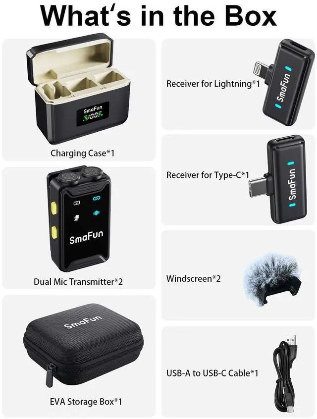 Alt view image 6 of 7 - Mini Microphone for iPhone/Android(2TX+2RX+Charging Case)with AI Noise Cancelling, SmaFun TwinCast S2 Wireless Lavalier Mic with 48kHz/24-bit,48H,328FT for Vlog/Video Recording/Content Creators/TikTok