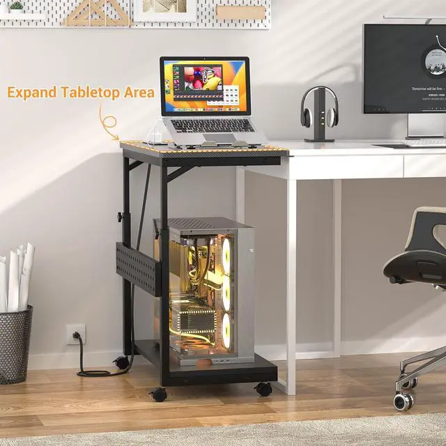 Alt view image 2 of 7 - Computer Tower Stand with Power Strips, 4 Levels Manual Height Adjustable PC Tower Stand for Under Desk, Mobile Rolling CPU Holder, Computer Cart with Wheels, 24", Carbon Fiber Black