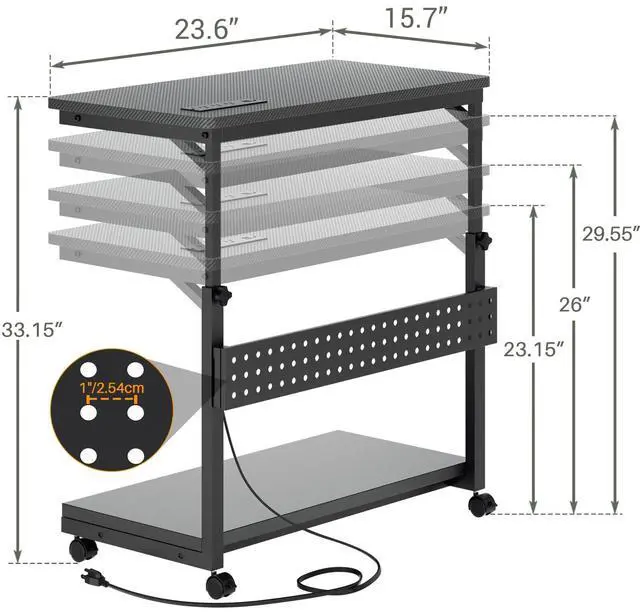 Alt view image 3 of 7 - Computer Tower Stand with Power Strips, 4 Levels Manual Height Adjustable PC Tower Stand for Under Desk, Mobile Rolling CPU Holder, Computer Cart with Wheels, 24", Carbon Fiber Black