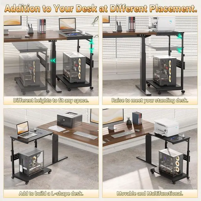 Alt view image 4 of 7 - Computer Tower Stand with Power Strips, 4 Levels Manual Height Adjustable PC Tower Stand for Under Desk, Mobile Rolling CPU Holder, Computer Cart with Wheels, 24", Carbon Fiber Black