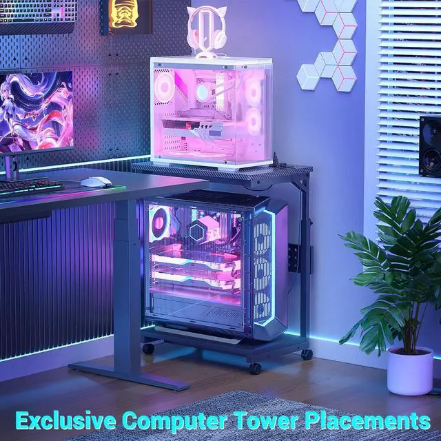 Alt view image 7 of 7 - Computer Tower Stand with Power Strips, 4 Levels Manual Height Adjustable PC Tower Stand for Under Desk, Mobile Rolling CPU Holder, Computer Cart with Wheels, 24", Carbon Fiber Black