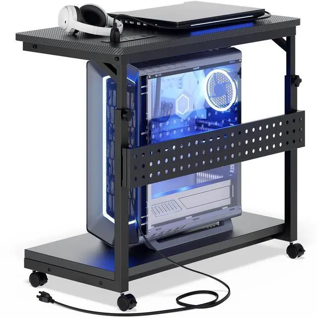 Main image of Computer Tower Stand with Power Strips, 4 Levels Manual Height Adjustable PC Tower Stand for Under Desk, Mobile Rolling CPU Holder, Computer Cart with Wheels, 24", Carbon Fiber Black