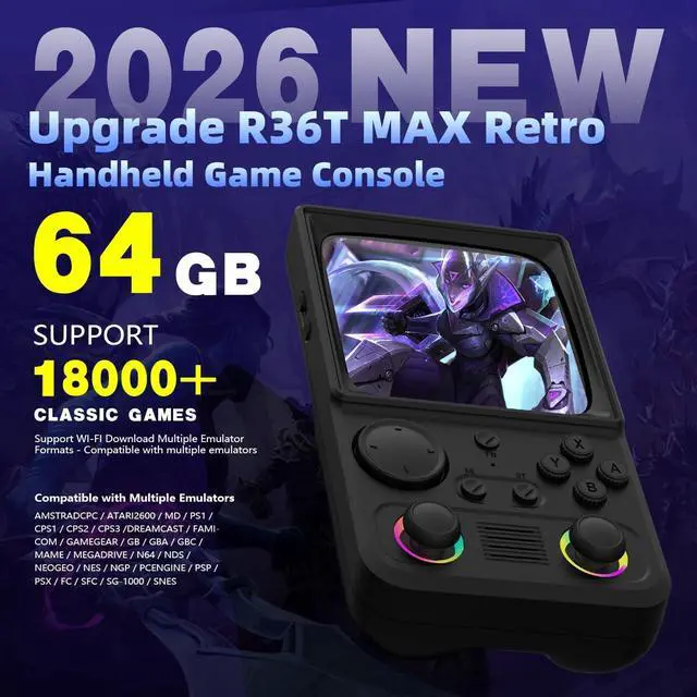 Main image of R36TMAX Retro Handheld Game Console, 4.0'' 720x720 IPS Screen, 128GB Supports 22000+ Classic Games, EmuELEC System Supports WiFi Networked Fighting&OTG,4000mAh with Portable CaseGray 128GB