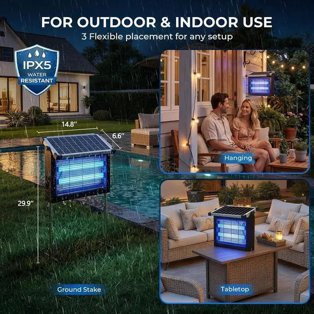 Alt view image 6 of 7 - Solar Bug Zapper Outdoor, 4500V Waterproof Mosquito Zapper with 10W Solar Panel, Cordless Rechargeable Electric Fly Zapper, Mosquito Killer Lamp with Auto Sensor for Patio, Backyard, Garden, Camping