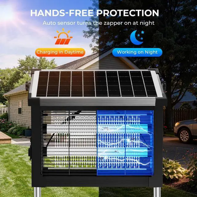 Alt view image 4 of 7 - Solar Bug Zapper Outdoor, 4500V Waterproof Mosquito Zapper with 10W Solar Panel, Cordless Rechargeable Electric Fly Zapper, Mosquito Killer Lamp with Auto Sensor for Patio, Backyard, Garden, Camping