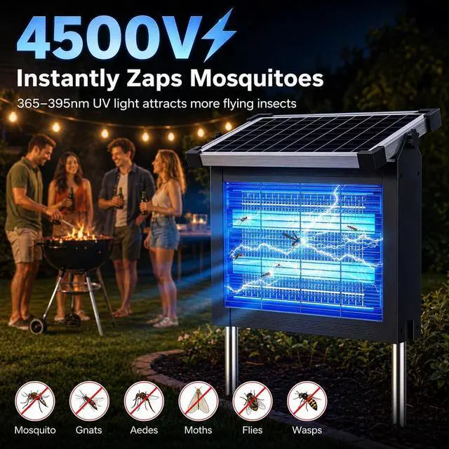 Alt view image 2 of 7 - Solar Bug Zapper Outdoor, 4500V Waterproof Mosquito Zapper with 10W Solar Panel, Cordless Rechargeable Electric Fly Zapper, Mosquito Killer Lamp with Auto Sensor for Patio, Backyard, Garden, Camping