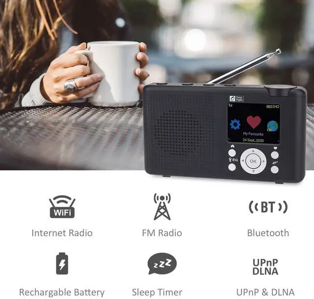 Alt view image 2 of 7 - WR-23F Portable FM Internet Radio 2.4 Color LCD Built-in Battery Wi-Fi Bluetooth (Black)