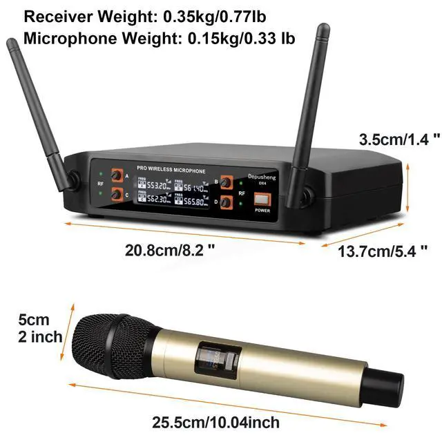 Alt view image 6 of 7 - DX4 Wireless Microphone with 4 Professional UHF Dynamic Mic Cordless Handheld Microphone System for Karaoke Singing Party Church Wedding PA Speaker