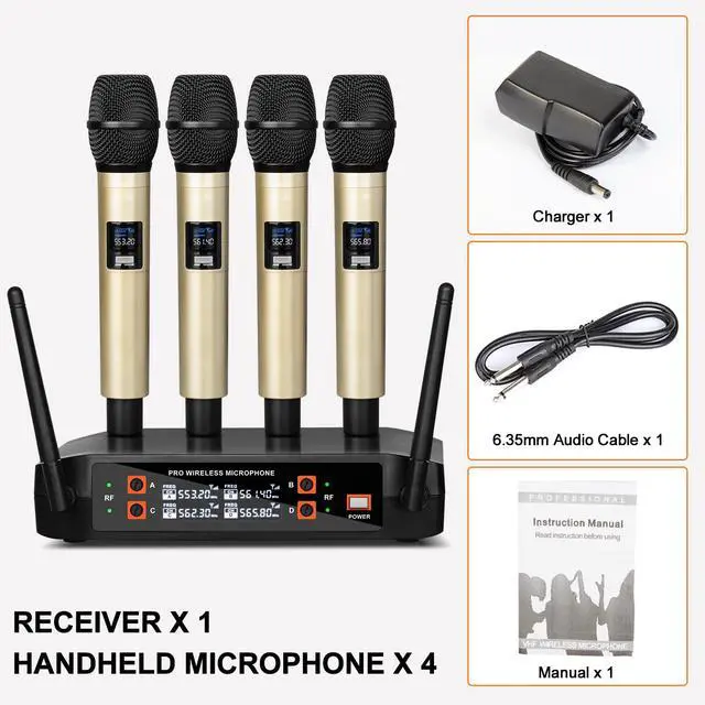 Alt view image 7 of 7 - DX4 Wireless Microphone with 4 Professional UHF Dynamic Mic Cordless Handheld Microphone System for Karaoke Singing Party Church Wedding PA Speaker