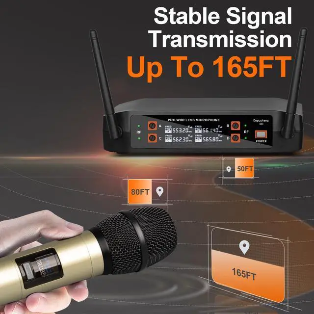 Alt view image 2 of 7 - DX4 Wireless Microphone with 4 Professional UHF Dynamic Mic Cordless Handheld Microphone System for Karaoke Singing Party Church Wedding PA Speaker