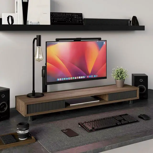 Alt view image 3 of 7 - Dual Monitor Stand, 42.5inch Long Monitor Stands Riser for 2 Monitors, Sliding Door with Storage Organizer Stand for Desk, 2 Tier Desk Shelf for Laptop, Pc, Printer, Computer, TV