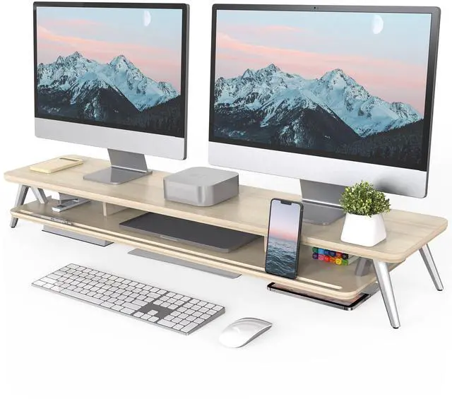 Main image of Dual Monitor Stand, Monitor Stands Riser for 2 monitors, 42.5 Inch Wood Desk Shelf with Storage Organizer and Cable Management for Office Desk Accessories