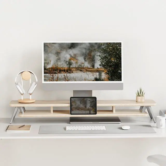 Alt view image 2 of 7 - Dual Monitor Stand, Monitor Stands Riser for 2 monitors, 42.5 Inch Wood Desk Shelf with Storage Organizer and Cable Management for Office Desk Accessories