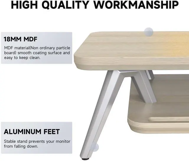 Alt view image 4 of 7 - Dual Monitor Stand, Monitor Stands Riser for 2 monitors, 42.5 Inch Wood Desk Shelf with Storage Organizer and Cable Management for Office Desk Accessories