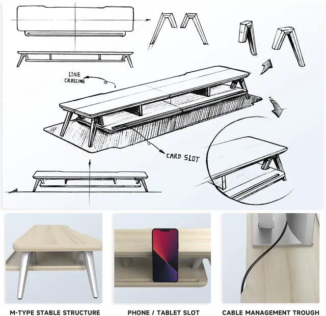 Alt view image 5 of 7 - Dual Monitor Stand, Monitor Stands Riser for 2 monitors, 42.5 Inch Wood Desk Shelf with Storage Organizer and Cable Management for Office Desk Accessories