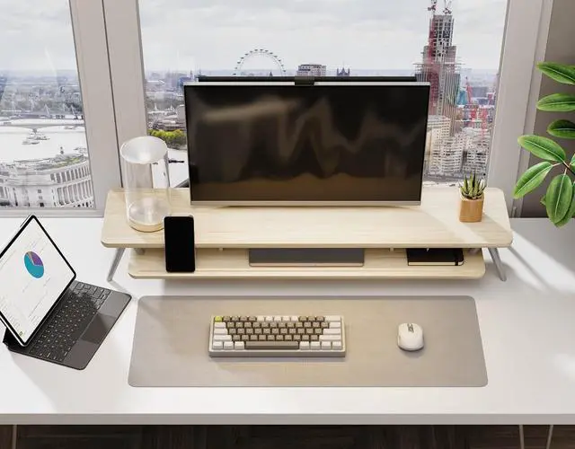 Alt view image 6 of 7 - Dual Monitor Stand, Monitor Stands Riser for 2 monitors, 42.5 Inch Wood Desk Shelf with Storage Organizer and Cable Management for Office Desk Accessories