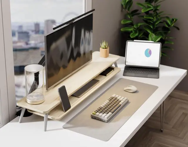Alt view image 7 of 7 - Dual Monitor Stand, Monitor Stands Riser for 2 monitors, 42.5 Inch Wood Desk Shelf with Storage Organizer and Cable Management for Office Desk Accessories