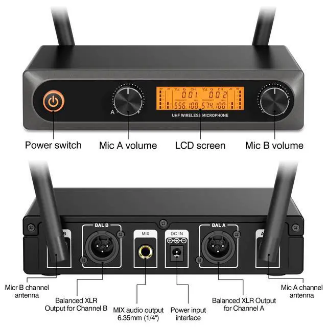 Alt view image 4 of 7 - Wireless Microphones, Dual UHF Wireless Microphone System with Professional Metal Handheld Dynamic Mics, 200ft Range for Karaoke, Singing, DJ, Church, Wedding & Party, Home KTV Set