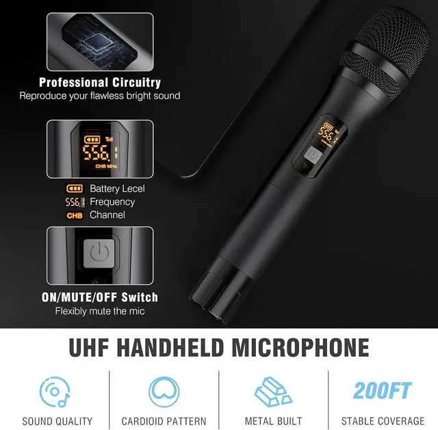 Alt view image 2 of 7 - Wireless Microphones, Dual UHF Wireless Microphone System with Professional Metal Handheld Dynamic Mics, 200ft Range for Karaoke, Singing, DJ, Church, Wedding & Party, Home KTV Set