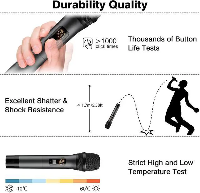 Alt view image 6 of 7 - Wireless Microphones, Dual UHF Wireless Microphone System with Professional Metal Handheld Dynamic Mics, 200ft Range for Karaoke, Singing, DJ, Church, Wedding & Party, Home KTV Set