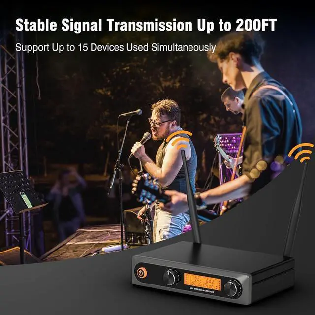 Alt view image 5 of 7 - Wireless Microphones, Dual UHF Wireless Microphone System with Professional Metal Handheld Dynamic Mics, 200ft Range for Karaoke, Singing, DJ, Church, Wedding & Party, Home KTV Set
