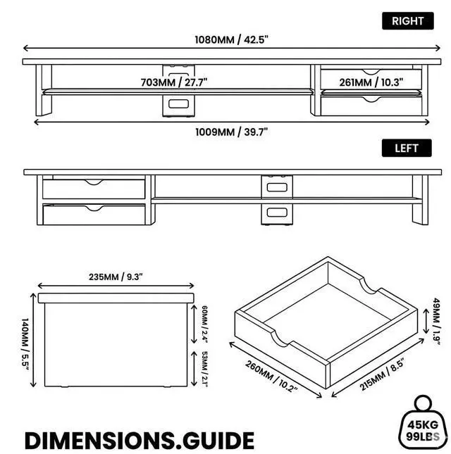 Alt view image 4 of 7 - Monitor Stand, Dual Monitor Riser, 42.5inch Large Desk Computer Monitor Stand Riser with Drawer, 2 Tier Wood & Acrylic Desktop Organizer for Computer, Laptop, Printer, TV Screen Riser