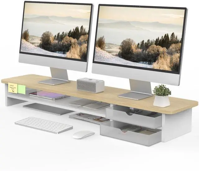 Main image of Monitor Stand, Dual Monitor Riser, 42.5inch Large Desk Computer Monitor Stand Riser with Drawer, 2 Tier Wood & Acrylic Desktop Organizer for Computer, Laptop, Printer, TV Screen Riser