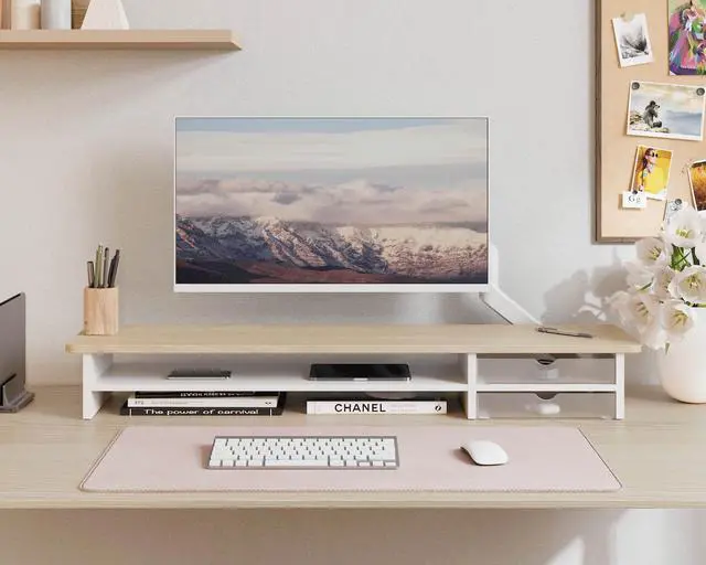 Alt view image 3 of 7 - Monitor Stand, Dual Monitor Riser, 42.5inch Large Desk Computer Monitor Stand Riser with Drawer, 2 Tier Wood & Acrylic Desktop Organizer for Computer, Laptop, Printer, TV Screen Riser
