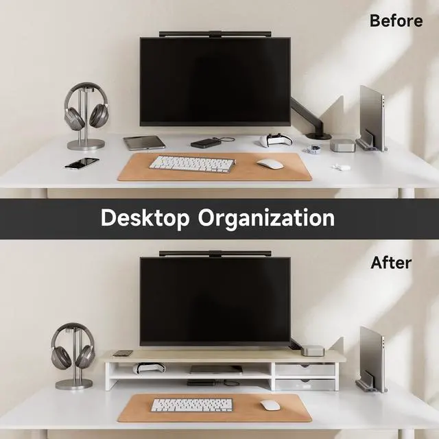 Alt view image 6 of 7 - Monitor Stand, Dual Monitor Riser, 42.5inch Large Desk Computer Monitor Stand Riser with Drawer, 2 Tier Wood & Acrylic Desktop Organizer for Computer, Laptop, Printer, TV Screen Riser