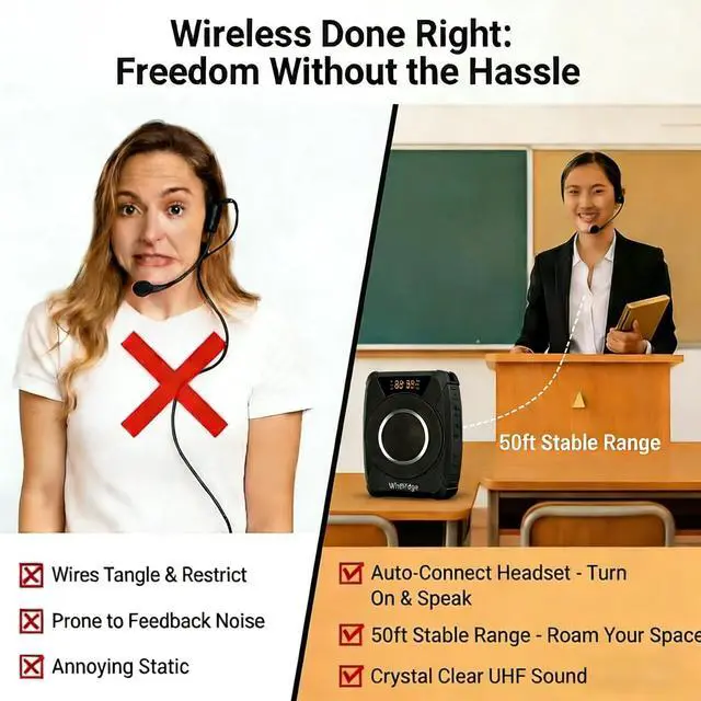 Alt view image 3 of 7 - Voice Amplifier Wireless Microphone, 20W Portable PA System with Bluetooth & Headset Mic, Waterproof Portable Microphone and Speaker, Megaphone for Teachers, Classroom, Outdoor Events - M801