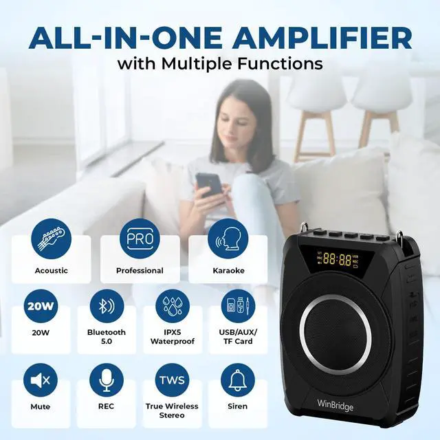 Alt view image 6 of 7 - Voice Amplifier Wireless Microphone, 20W Portable PA System with Bluetooth & Headset Mic, Waterproof Portable Microphone and Speaker, Megaphone for Teachers, Classroom, Outdoor Events - M801