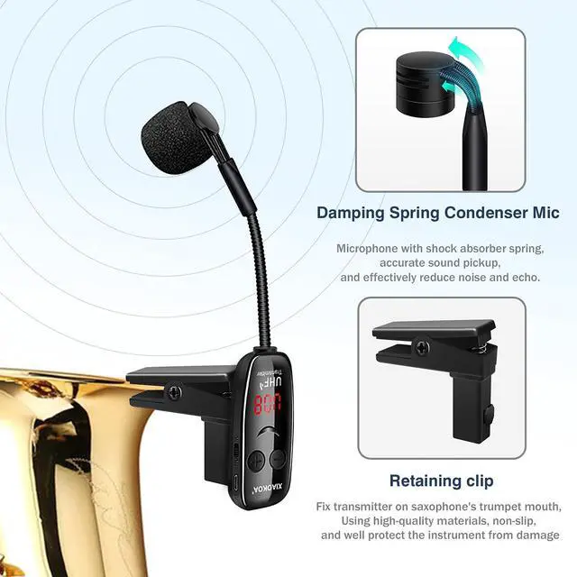 Alt view image 4 of 7 - Wireless Saxophone Microphone, Dual UHF Clip Microphones for Sax | Rechargeable Mic System, with Digital Display, for Trumpet Tuba FrenchHorn Instrument Teaching Street Bars Stage Performance