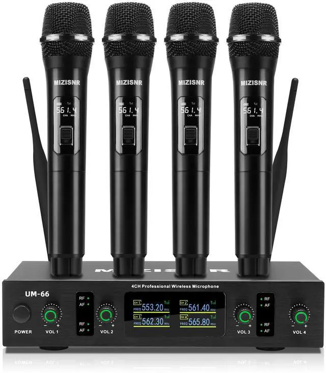 Main image of UHF Wireless Microphone Systems, 4 Channels Cordless Handheld Dynamic Karaoke Mic Set, Auto Connect 300ft Range Transmission for Singing, Karaoke, DJ Party, Church, Wedding, PA Speaker