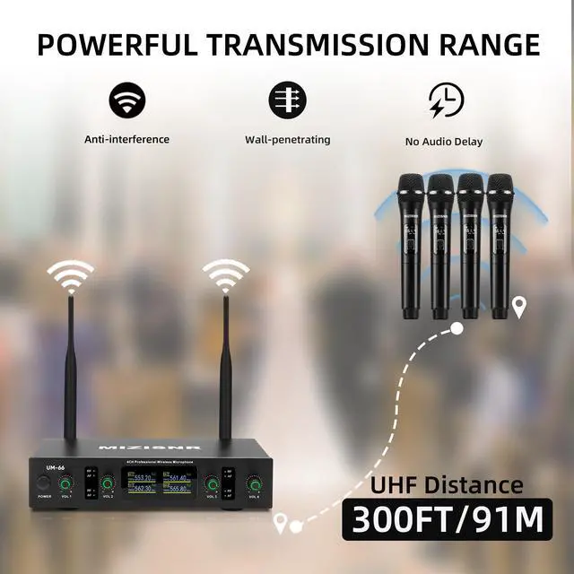 Alt view image 2 of 7 - UHF Wireless Microphone Systems, 4 Channels Cordless Handheld Dynamic Karaoke Mic Set, Auto Connect 300ft Range Transmission for Singing, Karaoke, DJ Party, Church, Wedding, PA Speaker