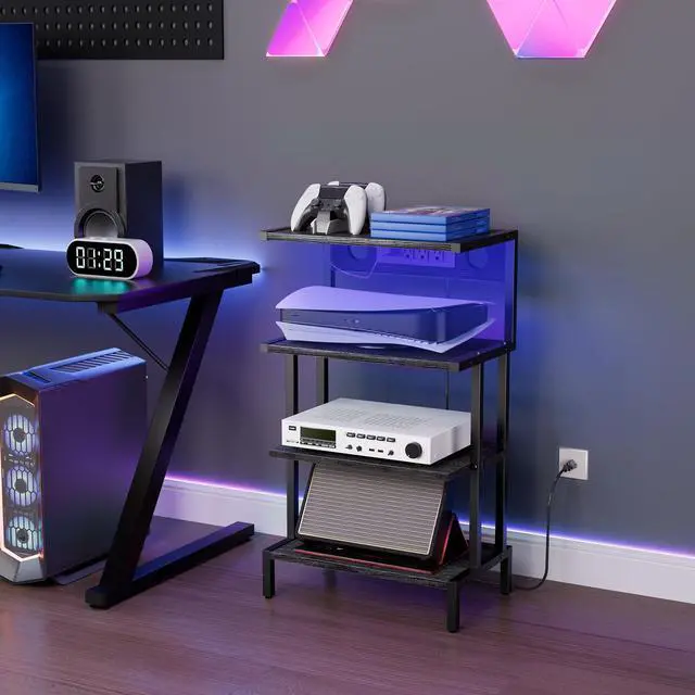 Alt view image 2 of 7 - Game Console Shelf, 4-Tier Video Gaming Consoles Stand with Outlet & RGB Light, Small Media Entertainment Center for Audio Stereo Storage Organizer Playroom Furniture, Stereo Stands and Racks